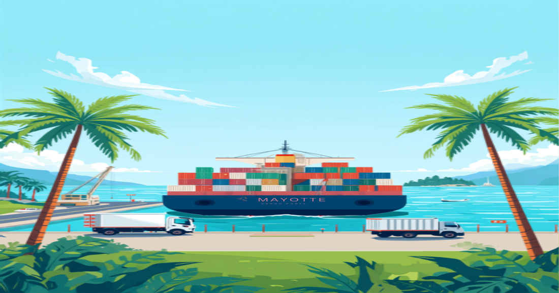 Illustration d'un port tropical avec cargo, conteneurs colorés et palmiers symbolisant l'import-export vers Mayotte