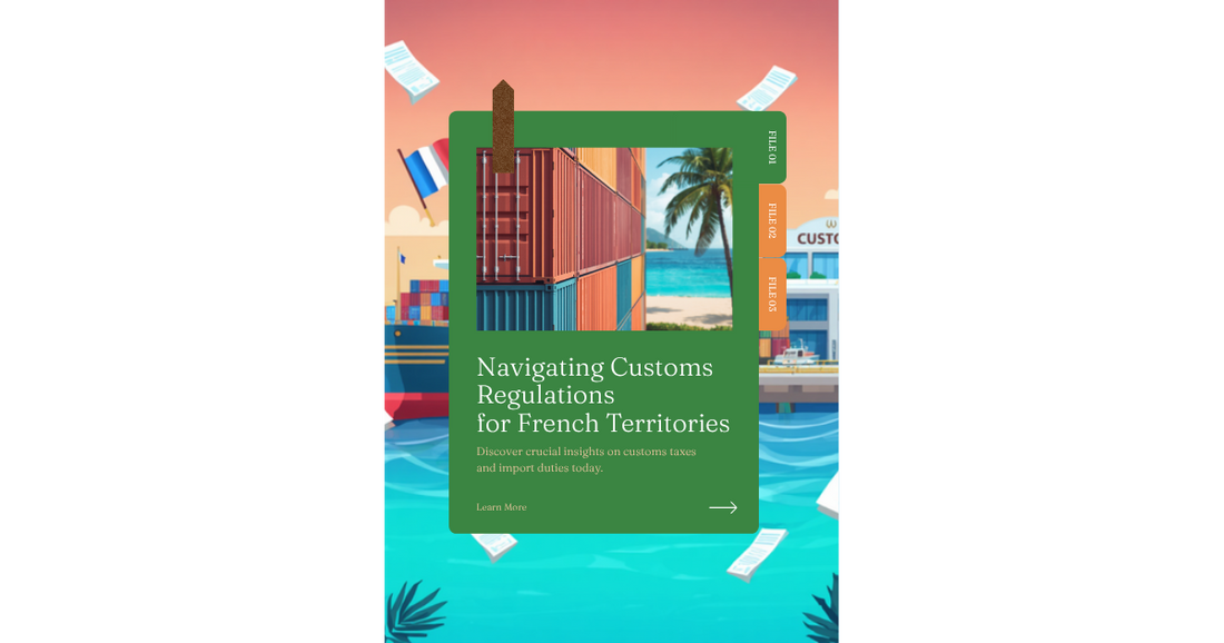 Illustration port tropical avec conteneurs et documents douaniers pour l'octroi de mer à Mayotte et La Réunion