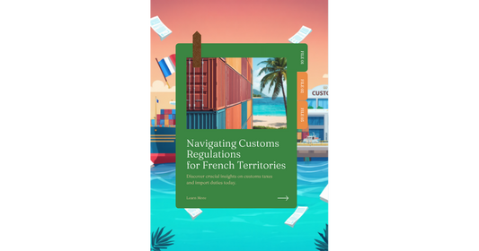 Illustration port tropical avec conteneurs et documents douaniers pour l'octroi de mer à Mayotte et La Réunion